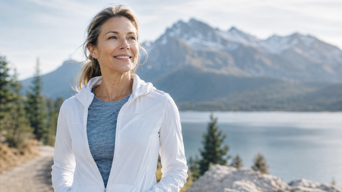 Healthy woman outdoors after a hike, representing antioxidant support, cellular health, and healthy aging