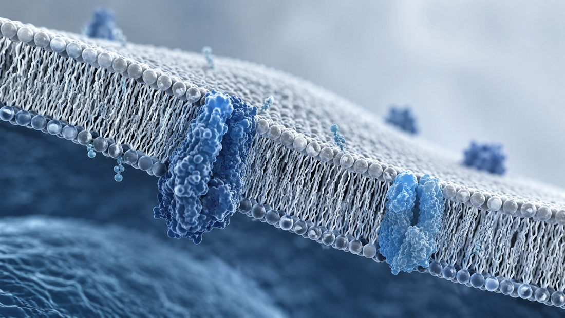 Close-up scientific rendering of a flexible cellular membrane with phospholipids and embedded proteins