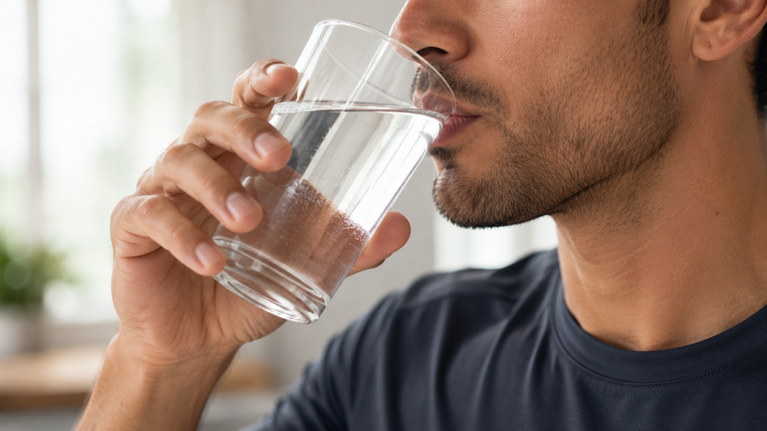 Man drinking a clear glass of water to support daily hydration and electrolyte balance