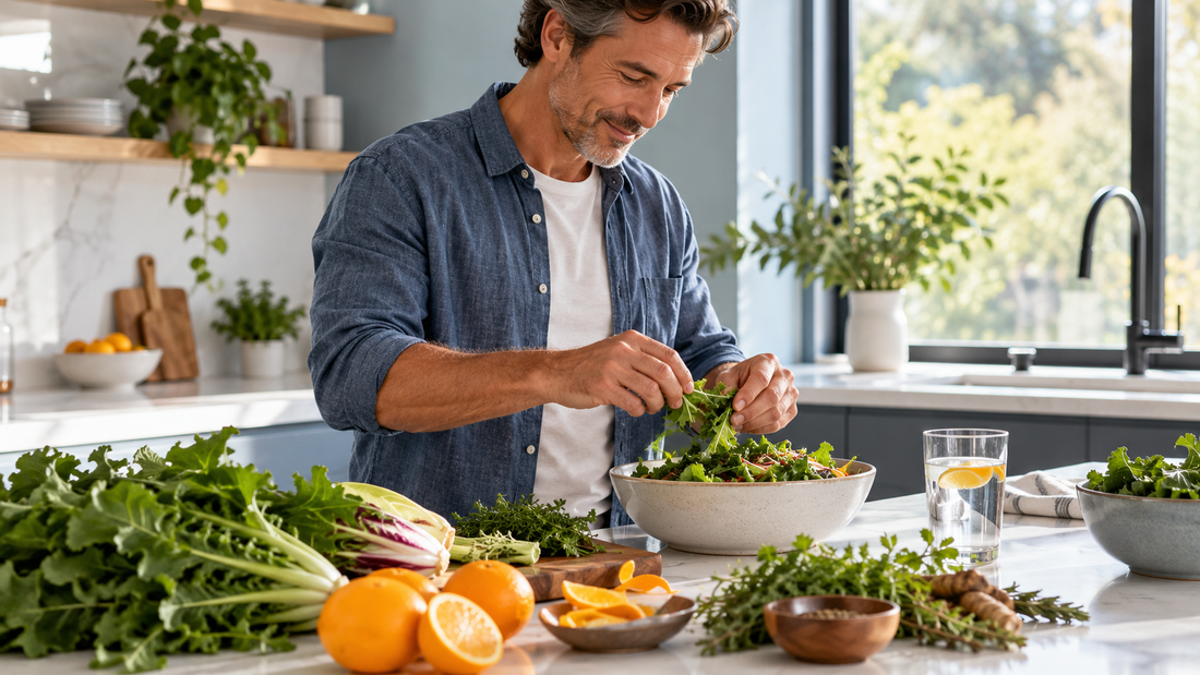 Man preparing a meal with bitter greens, citrus, and fresh herbs in a modern kitchen