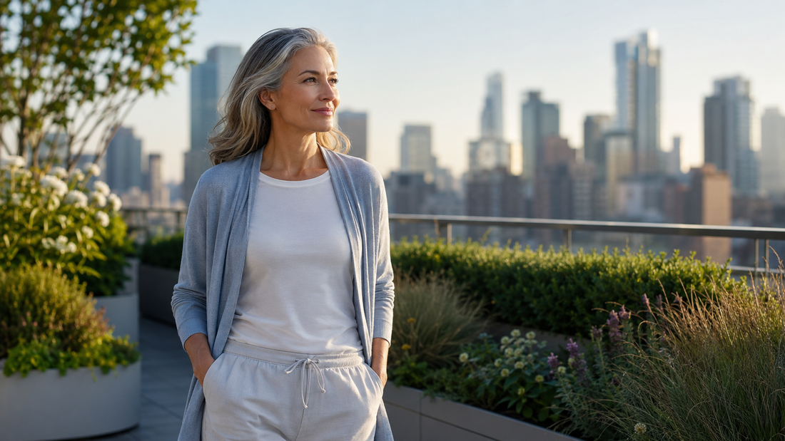 Woman in her late 50s in an urban rooftop garden with a softly blurred city skyline
