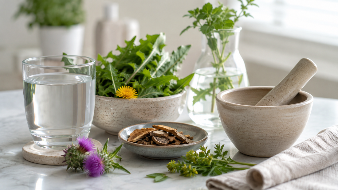 Glass of water, dandelion greens, dried herbs, and a mortar arranged for gentle detoxification support