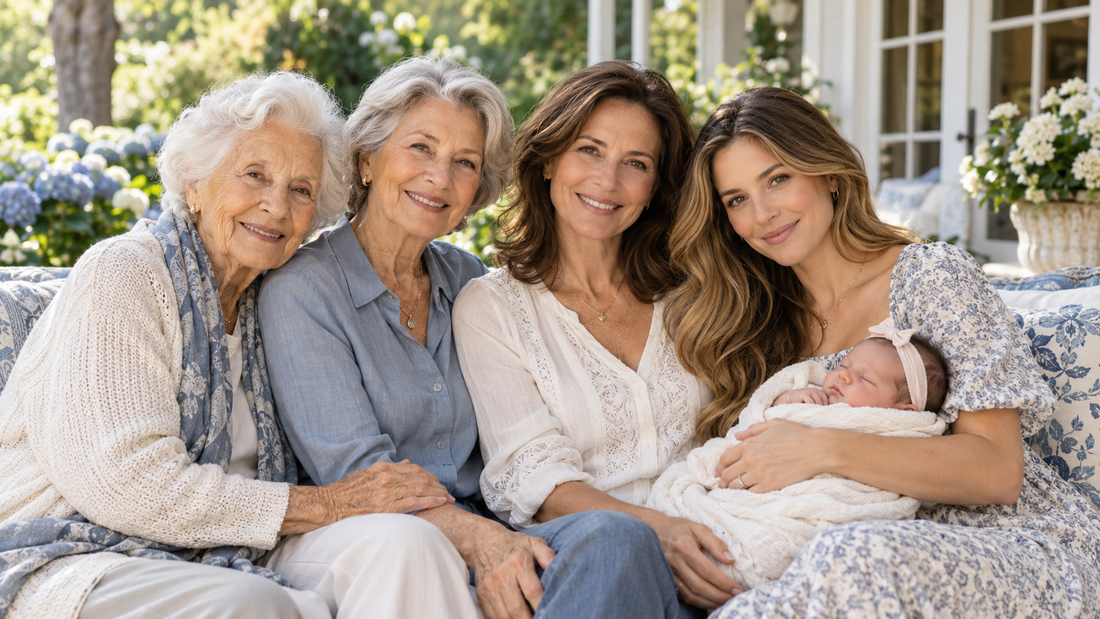 Five generations of women together, with the youngest mother holding her newborn baby