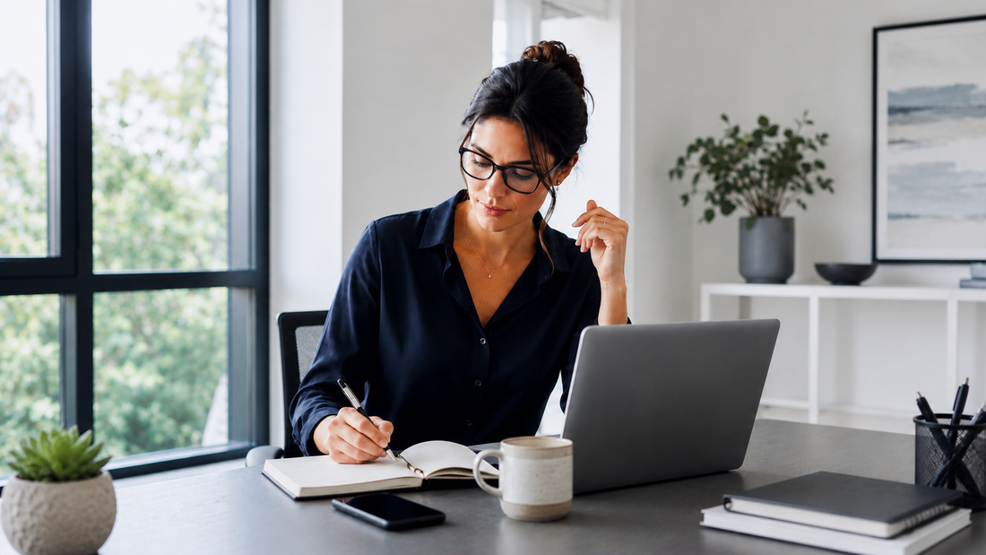 Focused professional writing at a desk to support daily balance and resilience