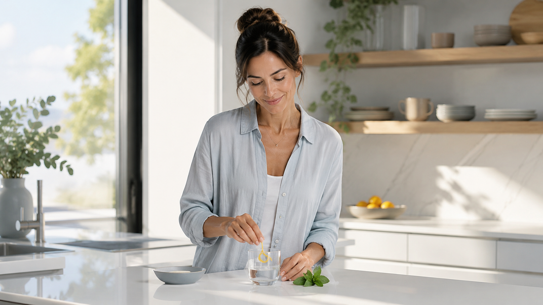 Healthy woman preparing a morning glutathione wellness drink in a bright modern kitchen