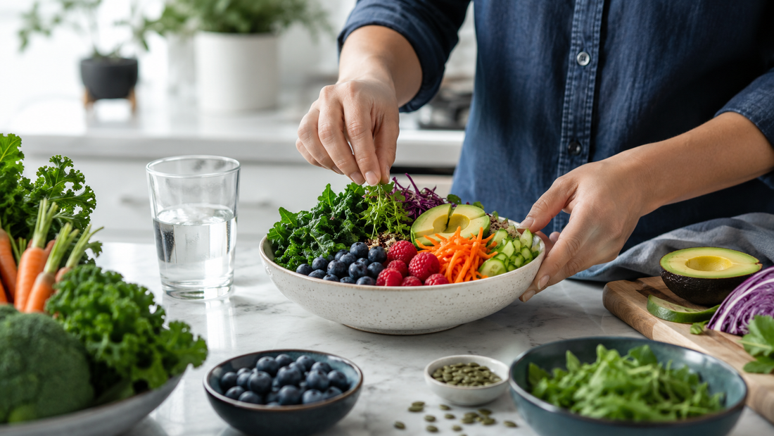 Fiber-rich foods and water prepared in a clean kitchen to support gut and intestinal barrier health