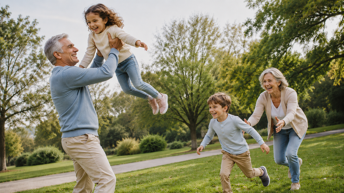 Healthy older couple playing with grandchildren in a park