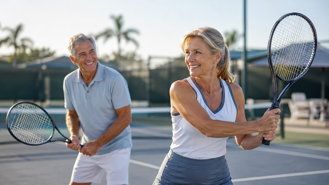 Active mature couple playing tennis together in soft morning light