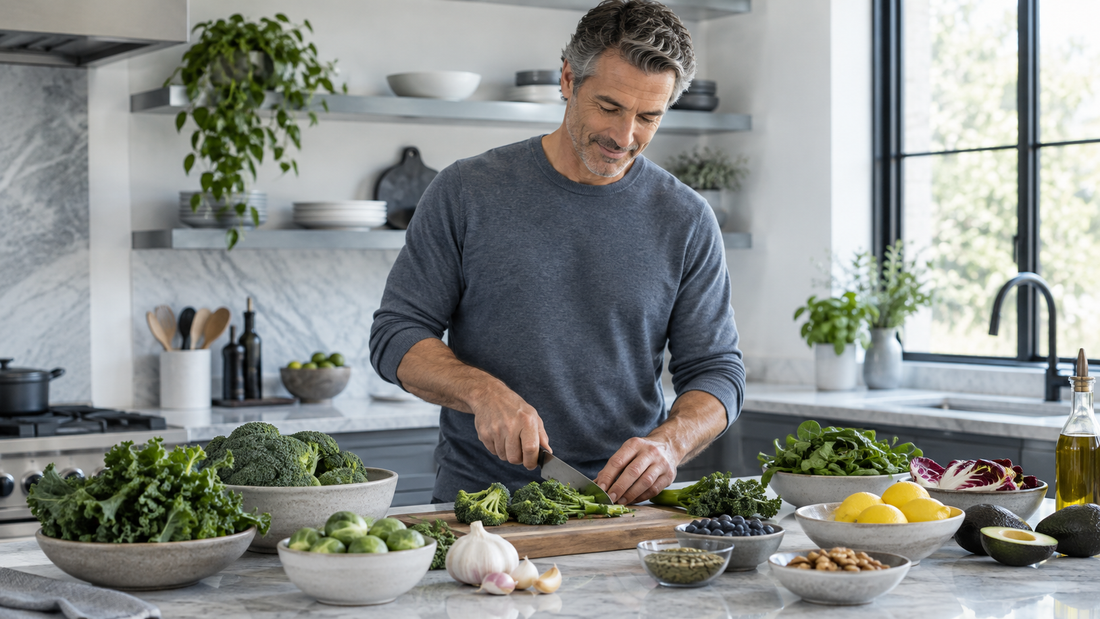 Man preparing antioxidant-rich whole foods in a bright modern kitchen