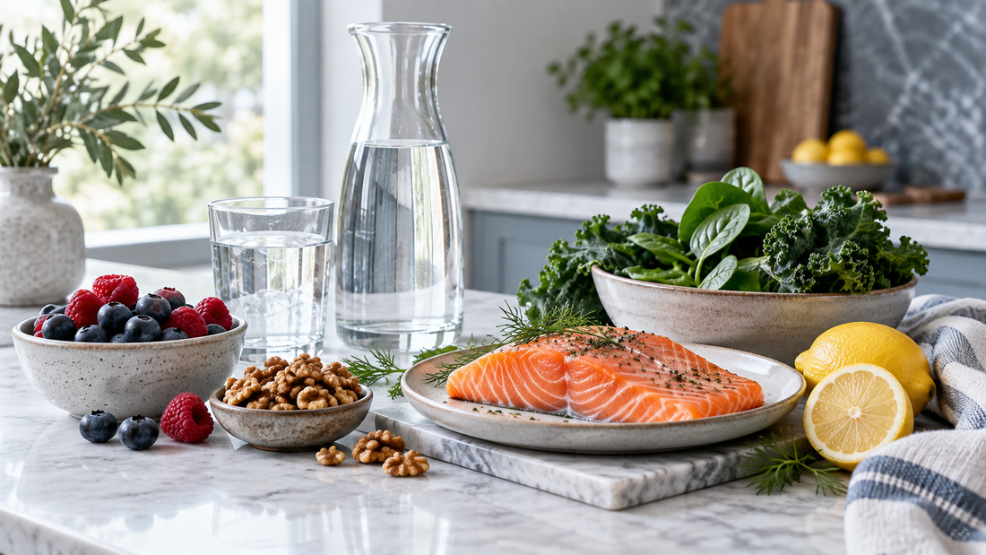 Water and nutrient-rich foods arranged for a kidney-supportive wellness routine