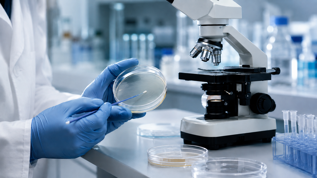 Lab professional swabbing a microbial culture in a petri dish beside a microscope
