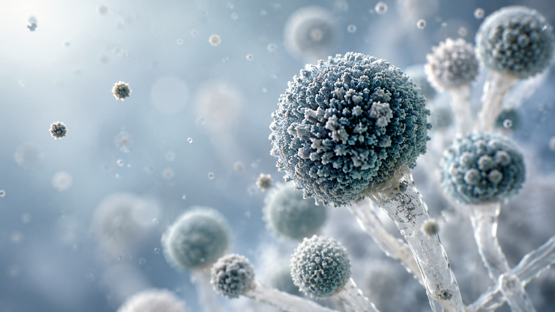 Microscopic view of mold spores illustrating airborne mold exposure and environmental toxins