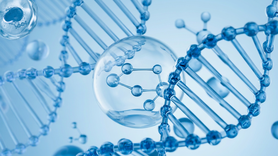 Blue molecular structure representing liposomal peptide delivery