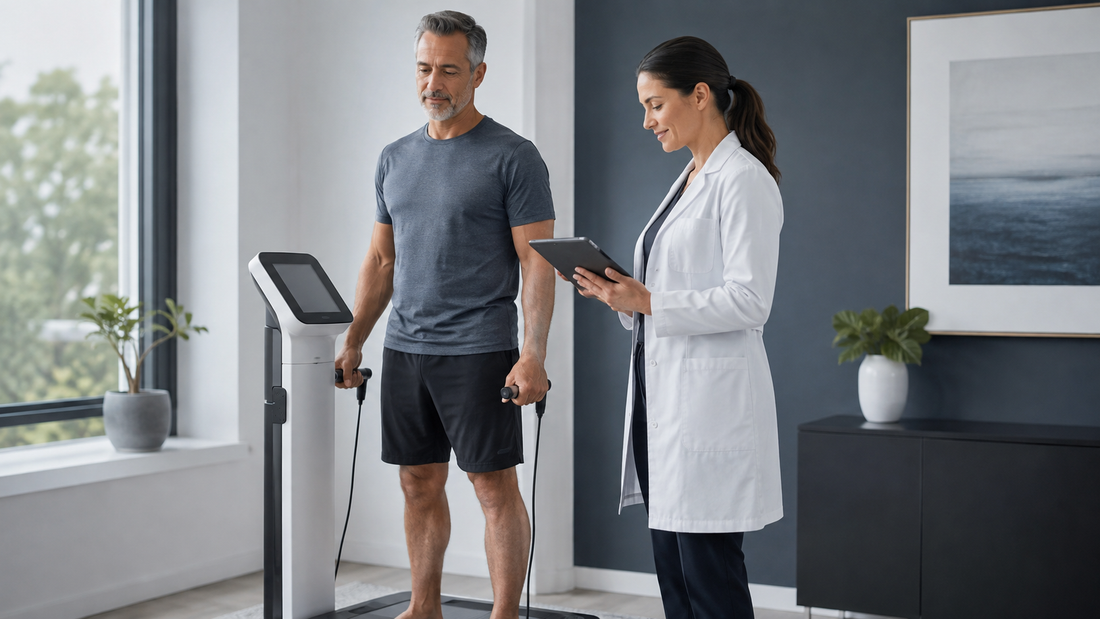 Adult completing a body composition assessment while a clinician reviews results on a tablet