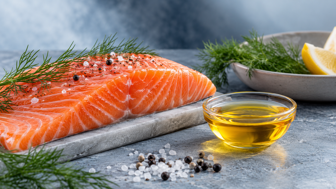 Fresh salmon and golden salmon oil arranged in a clean editorial setting for a full-spectrum omega article