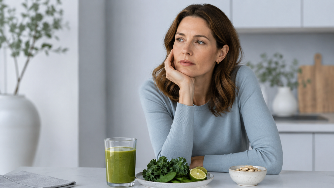 Woman looking frustrated beside a green detox drink, leafy greens, and supplements in a bright modern kitchen