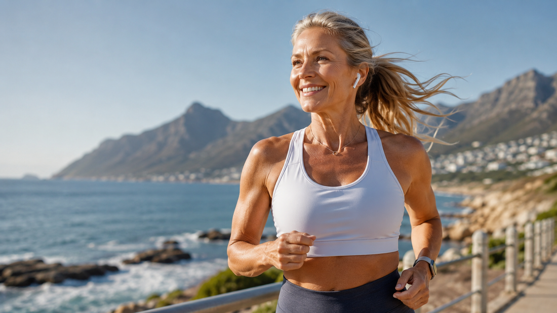 Fit mature woman running outdoors, representing vitality, healthy aging, and biological age support.