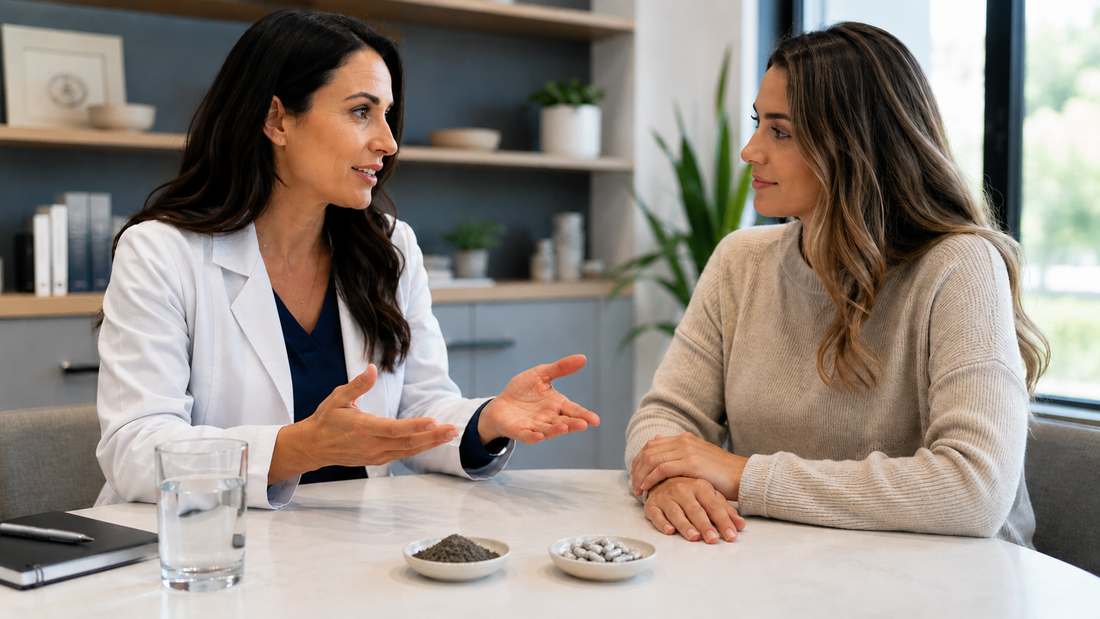 Practitioner comparing GI detox binder powder and capsules during a wellness consultation