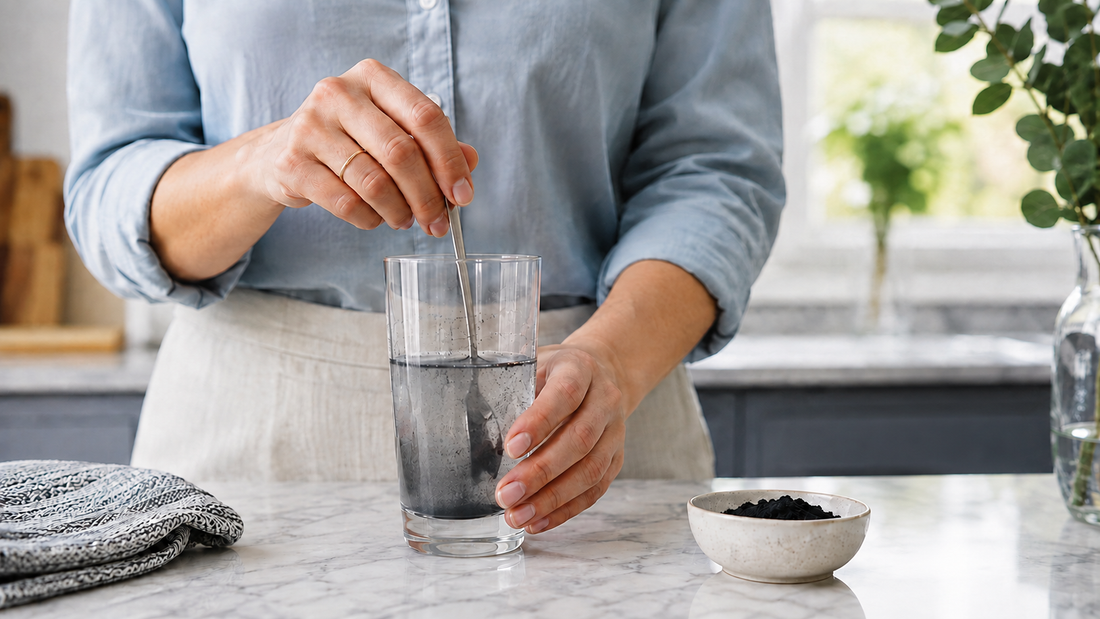 Person stirring a charcoal-based gut binder into water on a bright kitchen counter