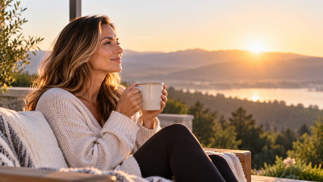 Woman enjoying a peaceful sunrise with a warm drink overlooking a mountain lake