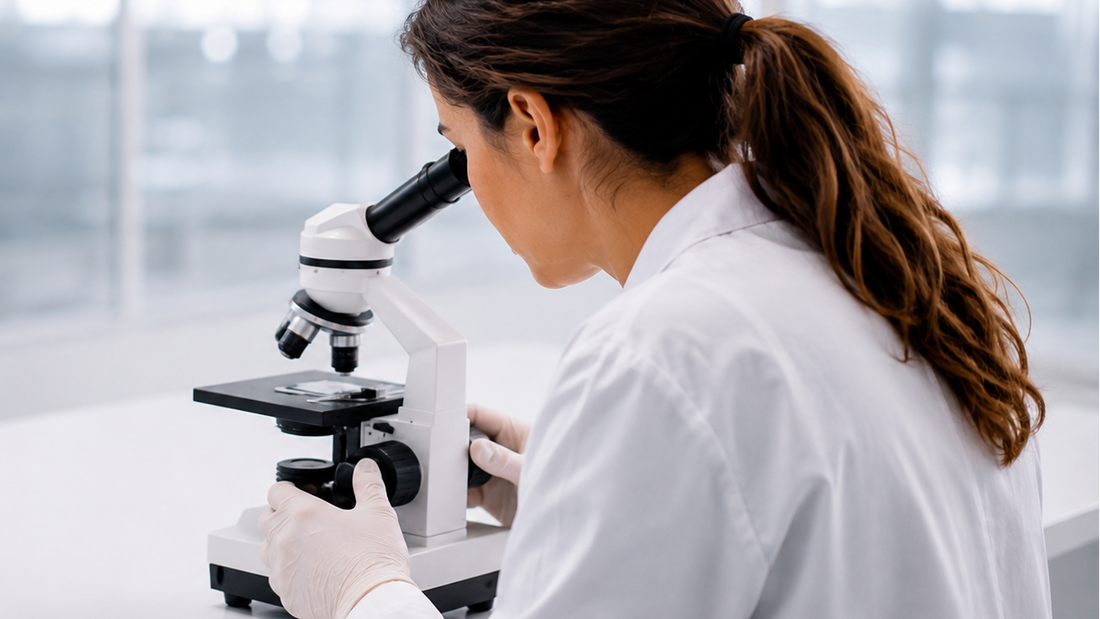 Scientist examining a sample through a microscope in a modern laboratory.