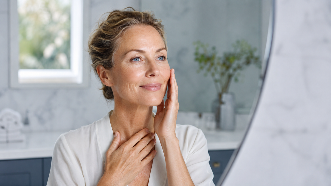 Woman applying skincare in a clean bright wellness setting