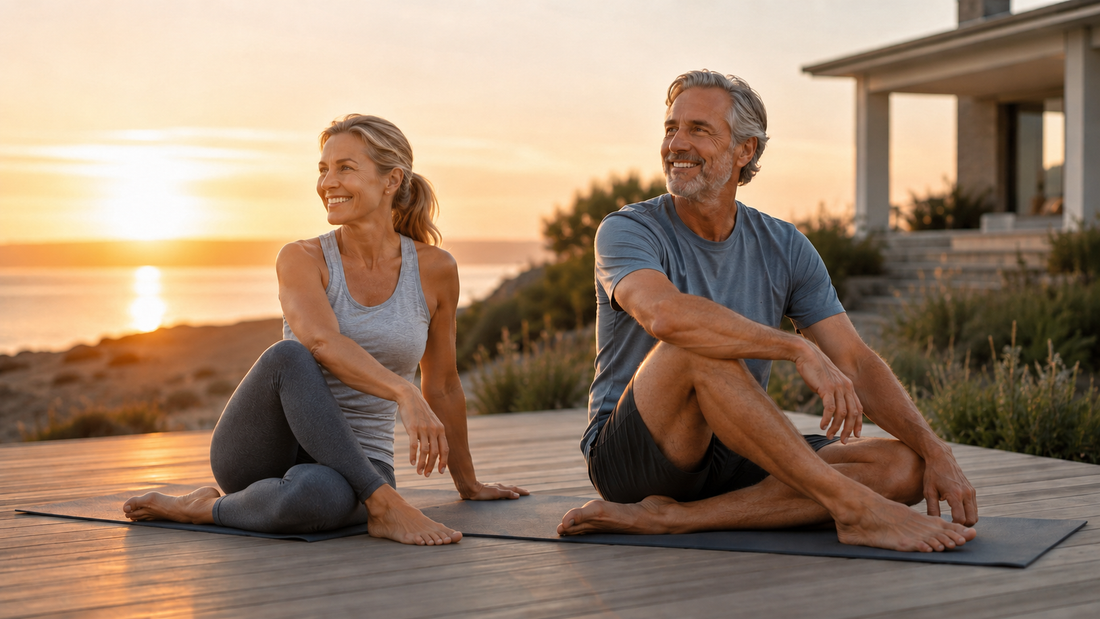 Smiling couple seated on yoga mats in gentle twist poses on a deck at sunrise beside the water