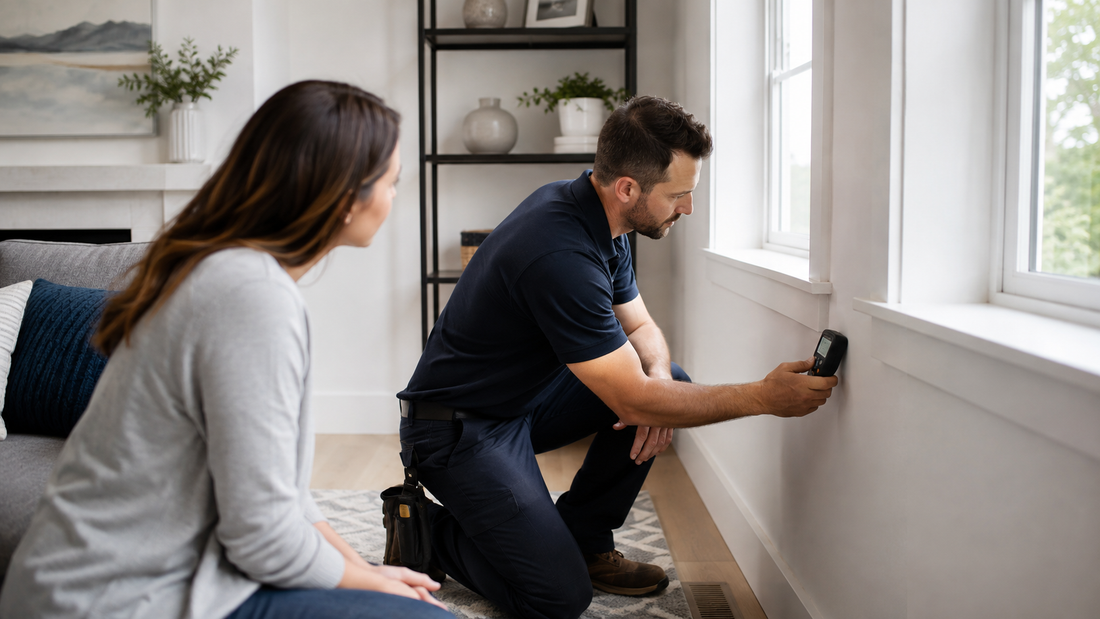 Indoor air quality specialist checking a wall for hidden moisture in a bright, clean home