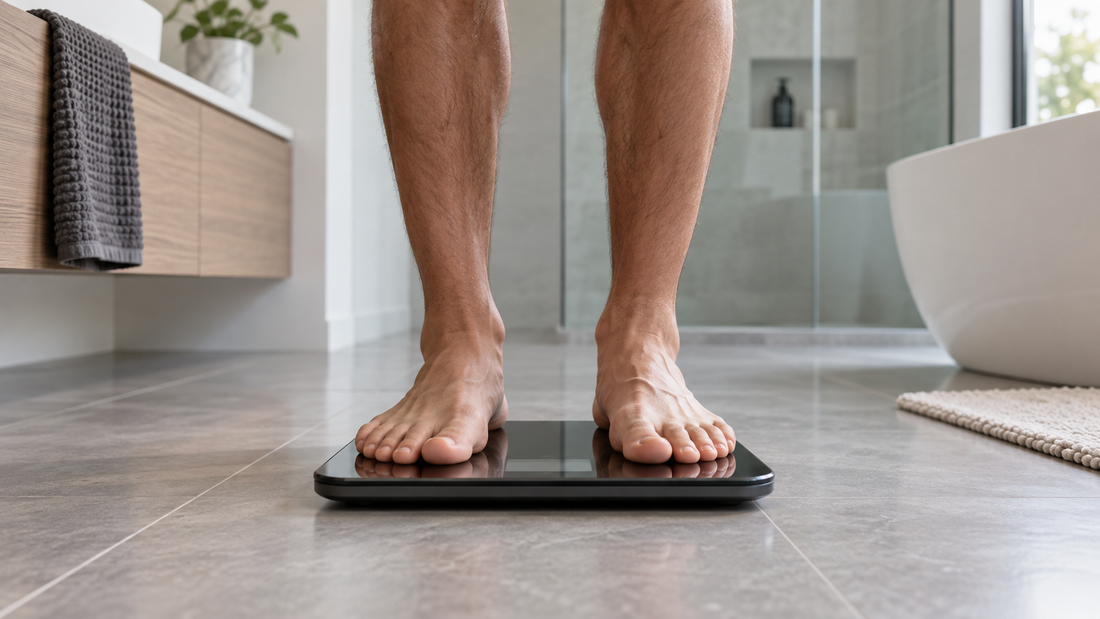 Man standing on a scale in a modern bathroom to represent metabolic health support
